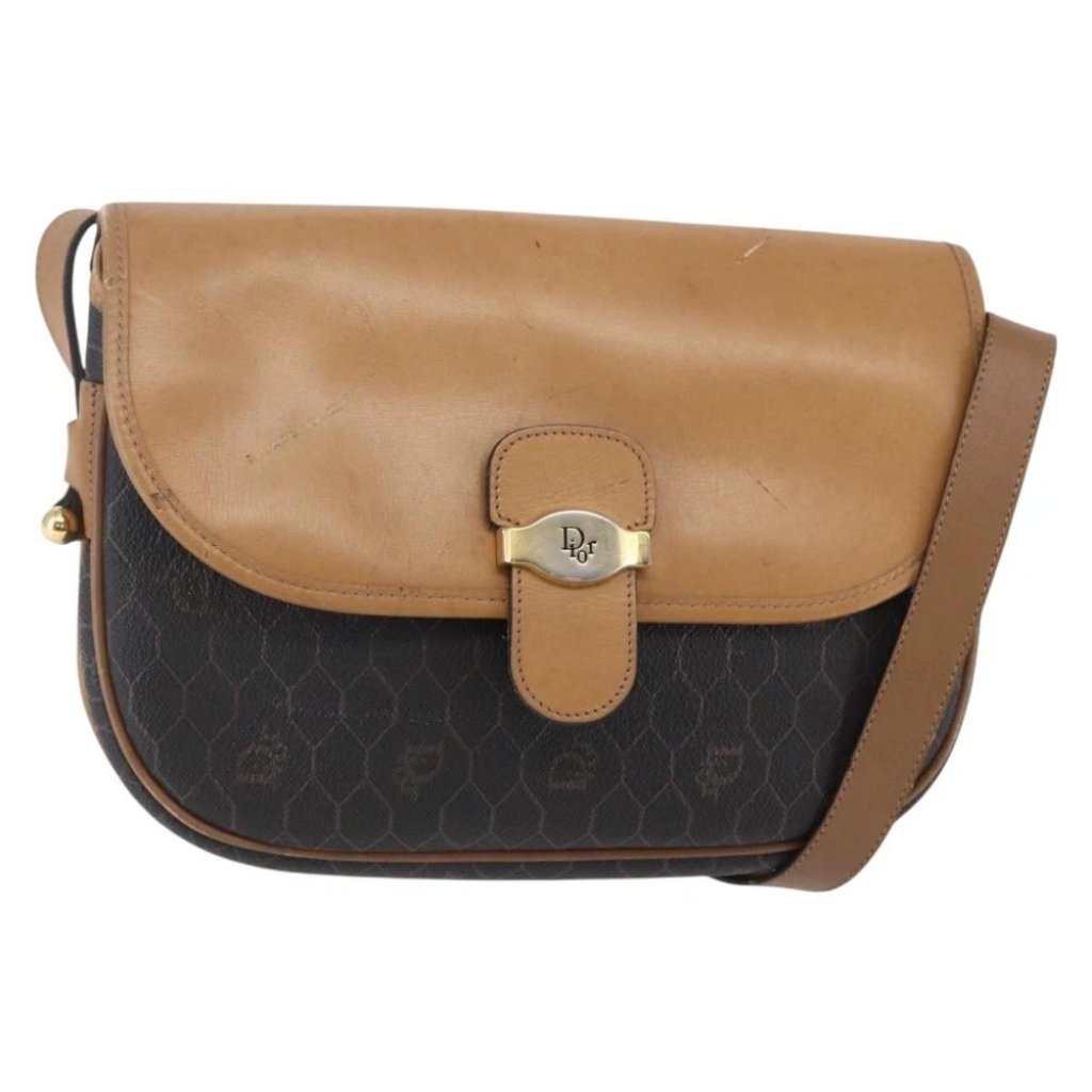 Christian Dior Honeycomb Canvas Shoulder Bag Pvc Leather Black